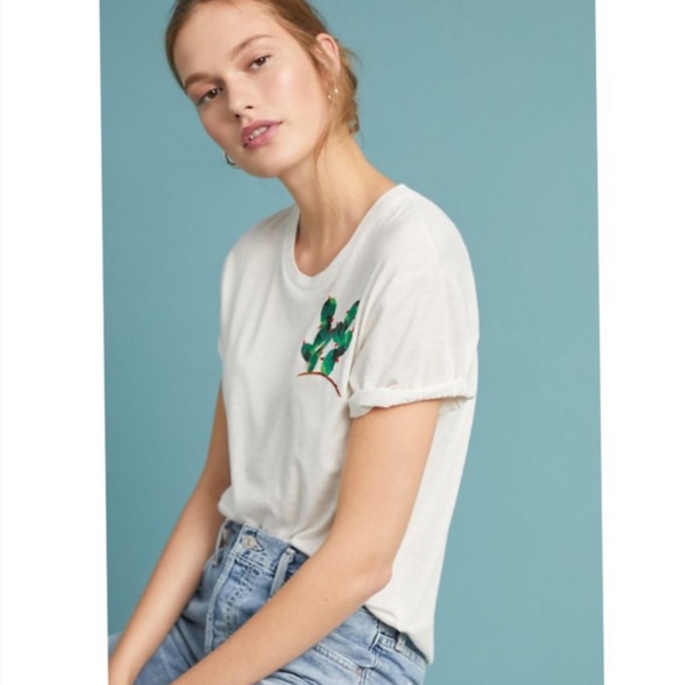 Anthropologie Embroidered Succulent Tee